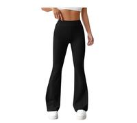 Ladies Flared Stretch Bootleg Trousers - High Waist Ribbed Pull On Work Pants with Elasticated Waist - Soft Wrinkle Resistant Lightweight Bootcut Yoga Office Nurse Carer Workwear Bottoms Black 12/31