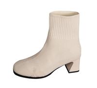 Ladies Flat Ankle Boots Extra Wide Ankle Boots Women's Chunky Heel Knit Booties Women's Square Toe Fashion Sleeve Elastic Booties Natural Reflections (Beige, 4.5)