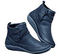 Ladies Flat Leather Boots Winter Casual Low Flat Heel Boots Comfortable Outdoor Walking Shoes Blue 2 UK
