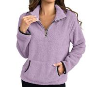 Ladies Fleece Jackets, Sherpa Fleece Jumper for Women 1/4 Zip Fluffy Pullover Long Sleeve Teddy Sweatshirts Autumn Winter Outfits Plain Thermal Warm Fuzzy Sweaters Coats Tops with Pockets
