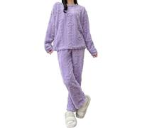 Ladies Fleece Pyjamas Sets Soft Cosy Winter Thermal 2 Pieces Pjs Set Fluffy Plush Warm Long Sleeve Pullover Wide Leg Trousers Nightwear Suits Thick Loungewear with Pocket A-Purple,One Size