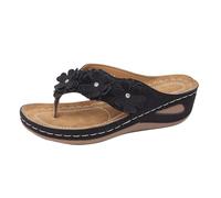 Ladies Floral Embellished Wedge Thong Mules Womens 3D Flower Decor Hollow Out Wedge Heel Flip-Flop Sandal Open Toe Slip On Wedge Sandals Non Slip Outsole Casual Summer Beach Wear UK Sizing