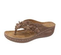 Ladies Floral Embellished Wedge Thong Mules Womens 3D Flower Decor Hollow Out Wedge Heel Flip-Flop Sandal Open Toe Slip On Wedge Sandals Non Slip Outsole Casual Summer Beach Wear UK Sizing