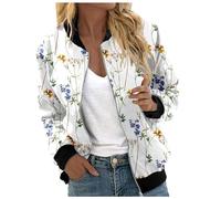 Ladies Floral Jacket, Women's Bomber Jacket Summer Lightweight Flight Coat Long Sleeve Casual Zip-up Shacket Parka Sport Outwear White L