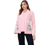 Ladies Floral Jacquard Twin Set Women's Knitted Tank Top & Cardigan Sweater Elegant Mock Twin Set with Pretty Edge Trim, Comfortable & Durable Acrylic Pink M-L