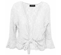 Ladies Floral Lace Lined Sequin Bolero Shurg ¾ Sleeve Tie Up Cardigan Womens Dance Party Plus Size Shrug Top White UK 26-28