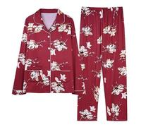 Ladies Floral Printed Loungewear With Pockets, Women Pyjamas Sets Cotton Long Sleeve Nightwear Sleepwear Pj Sets, Elastic Waist Bottoms, Regular Fit Luongewear for Indoor Night Sleep Wear Red