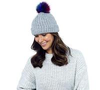 Ladies Foxbury Chunky Ribbed Beanie Hat with Multi Coloured Fur Bobble GL549 Cloud Grey