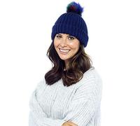 Ladies Foxbury Chunky Ribbed Beanie Hat with Multi Coloured Fur Bobble GL549 Midnight Blue