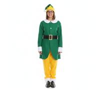 Ladies Friendly Elf Christmas Costume - Green & White Tunic, Yellow Trousers and Green & Yellow Hat - Adults Womens Festive Xmas Movie Fancy Dress Costume