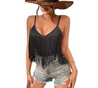 Ladies Fringe Tank Tops - Cowgirl Festival Outfit Sexy Summer Vest Tops for Women Adjustable Spaghetti Straps Tassel Solid Sleeveless V Neck Camisole (Black,M,10742w)