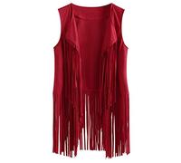 Ladies Fringe Waistcoat Clearance Women Sleeveless Tassel Vest Hippie Gilet Faux Suede Jacket Coat Solid Color Open Front Cardigans Boho Western Jacket Plain Longline Coat Plus Size Outwear Tops