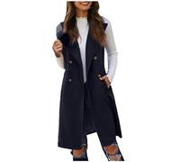 Ladies Front Open Sleeveless Long Duster Coat Waistcoat Blazer Business Office Work Open Front Long Waistcoat Stylish Crepe Pocket Jacket Coat Plus Size UK Size