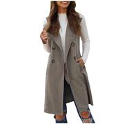 Ladies Front Open Sleeveless Long Duster Coat Waistcoat Blazer Business Office Work Open Front Long Waistcoat Stylish Crepe Pocket Jacket Coat Plus Size UK Size