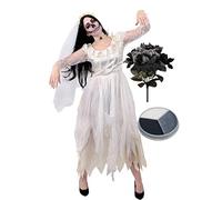 Ladies Ghost Bride Fancy Dress Costume - Halloween Corpse Bride Costume Ragged White Wedding Dress + Fake Black Rose Bouquet + Facepaint - Perfect For Halloween Or Horror Themed Parties