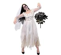 Ladies Ghost Bride Fancy Dress Costume - Halloween Corpse Bride Costume Ragged White Wedding Dress + Fake Black Rose Bouquet - Perfect For Halloween Or Horror Themed Parties (Medium)