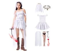 Ladies Ghost Bride Halloween Fancy Dress Women's Cosplay Halloween Corpse Bride Costume Ragged White Wedding Dress Perfect-XL