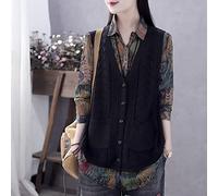 Ladies Gilet,Women’S V Neck Sweater Vest Retro Khaki Solid Color Short Cardigan Coat Hollow Twist Pocket Loose Sleeveless Knitted Gilets Waistcoat Preppy Style Jumper Uniform Tank Top,Black,3Xl