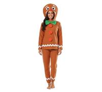Ladies Gingerbread Man Christmas Costume - X-Large/XX-Large - Brown Top with Green Bowtie & Gingerbread Man Hood, Brown Trousers - Adults Womens Festive Xmas Fancy Dress Costume