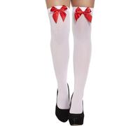 Ladies Girls Halloween Bloody Stripe Stockings, Womens Thigh High Hold Up Lace Satin Bow Stocking - Over Knee Long Socks Fancy Dress Party Props, White Holds Up Stockings With Red Bow