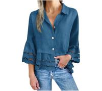 Ladies Girls Long Sleeve Tops Casual Cute Button Down Shirts Trendy Loose Hollow Out Ruffle Hem 3/4 Sleeve Ladies Blouse Work Office Party Tops, Fashion Going Out Wear for Leggings