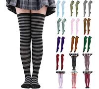 Ladies Girls Stripe Stripy Striped Over The Knee Thigh High Long Socks Women Thigh High Socks for Halloween Cosplay Goth Christmas Party