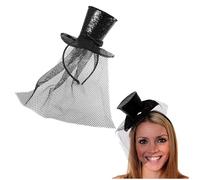 Ladies Glitter Top Hat - Pack of 1 - Mini Black Sequin Top Hat with Matching Fascinator Veil - Ladies Halloween Christmas Fancy Dress Costume Accessory