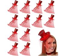 Ladies Glitter Top Hat - Pack of 1 - Mini Red Sequin Top Hat with Matching Fascinator Veil - Ladies Halloween Christmas Fancy Dress Costume Accessory