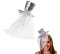 Ladies Glitter Top Hat - Pack of 1 - Mini Silver Sequin Top Hat with Matching Fascinator Veil - Ladies Halloween Christmas Fancy Dress Costume Accessory