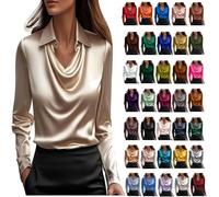 Ladies Glossy Satin Shirts Long Sleeves Stand Collar Tops Temperament Solid Color Blouses Plus Size Lightweight Comfy Clothes Womens Office Work Baggy Tops T Shirts Casual Tunic Tops