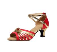 Ladies Gold Block Heel Strappy Dance Sandals Soft Leather Wide Fitting ow Heel Latin Shoes ractice Performance Elegant Sandals Fish Mouth Mid High Heel Soft Dancing Shoes (Red, 3.5)