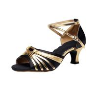 Ladies Gold Block Heel Strappy Dance Sandals Soft Leather Wide Fitting ow Heel Latin Shoes ractice Performance Elegant Sandals Fish Mouth Mid High Heel Soft Dancing Shoes (Black, 6)