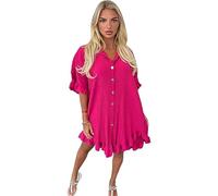 Ladies Gold Button Pleated Short Sleeve Plain Collared Frill Hem Women’s Casual Loose Fit Oversized Baggy Plus Size Swing Summer Crinkle Dresses for Women UK 14-28