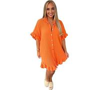 Ladies Gold Button Pleated Short Sleeve Plain Collared Frill Hem Women’s Casual Loose Fit Oversized Baggy Plus Size Swing Summer Crinkle Dresses for Women UK 14-28