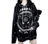 Ladies Gothic Cat Print Hoodies Women Fashion Loose Long Sleeve Pullover Hooded Dark Tops Black