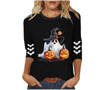 Ladies Gothic Cute Ghost Blouse 2026 Halloween Shirts Trendy 3/4 Sleeve Tops for Women UK Funny Witch Hat Pumpkin T-Shirts Casual Loose Fit Spooky Tunic Shirt Autumn Holiday Blouses Plus Size S-5XL