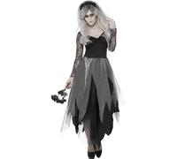 Ladies Graveyard Bride Costume Gothic Halloween Fancy Dress Veil Black Dress