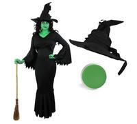 Ladies Green Witch Halloween Costume - Medium - Black Jagged Dress, Matching Witches Hat and Green Facepaint - Adults Womens TV Film School Book Week World Book Day Halloween Fancy Dress Costume