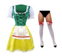 Ladies Green & Yellow Bavarian Dress With Stockings - Medium - Dress With Yellow Skirt, Green Top and White Stockings With Red Bow - Perfect for Oktoberfest & German Fancy Dress Parties