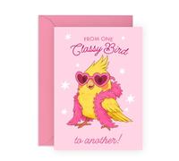 Ladies Greeting Card - “One Classy Bird to Another!” - Cute & Sassy Gift for Friend, Sister, Nana, BFF, Bestie, Sis, Aunt, Fabulous Women - Glamorous Budgie in Sunglasses - Comes with Stickers