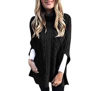 Ladies Grid Knitted Wrap Polo Cowl Turtle Neck Poncho Jumper Cape Shawls Plus Size Cable Knit Sweater Turtle Neck Knitted Jumpers Knitwear Long Sleeve Tops Plain Casual Soft Comfy Pullover Black