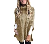 Ladies Grid Knitted Wrap Polo Cowl Turtle Neck Poncho Jumper Cape Shawls Plus Size Cable Knit Sweater Turtle Neck Knitted Jumpers Knitwear Long Sleeve Tops Plain Casual Soft Comfy Pullover Brown