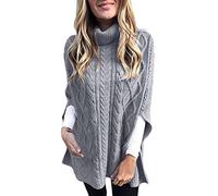Ladies Grid Knitted Wrap Polo Cowl Turtle Neck Poncho Jumper Cape Shawls Plus Size Cable Knit Sweater Turtle Neck Knitted Jumpers Knitwear Long Sleeve Tops Plain Casual Soft Comfy Pullover Grey