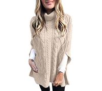 Ladies Grid Knitted Wrap Polo Cowl Turtle Neck Poncho Jumper Cape Shawls Plus Size Cable Knit Sweater Turtle Neck Knitted Jumpers Knitwear Long Sleeve Tops Plain Casual Soft Comfy Pullover Beige