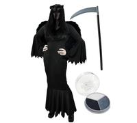 Ladies Grim Reaper Costume - Black Dress with Jagged Edges, Black Feather Wings, Black Veil and Headband, Plastic Scythe and Facepaint - Ladies Halloween Dark Angel Fancy Dress Costume