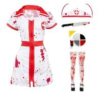 Ladies Halloween Bloody Nurse Costume - Large - White & Red Bloodstained Nurse Dress, Matching Hat and Tights, Fake Knife, Facepaint and Fake Blood - Adults Halloween Fancy Dress Costume