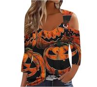 Ladies Halloween Cold Shoulder Tops Women's Casual 3/4 Sleeve Tunic Shirts Cute Novel Graphical Print Pullover Crew Neck Basic Baggy T Shirts Funny Christmas Jumpers Blouses Warehouse