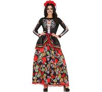 FIESTAS GUIRCA Day of the Dead - Long Dress with Skull Print and Flowers Headband Fancy Dress Costume Adult Woman Size M 10-12