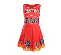 Ladies Halloween Devil Cheerleader - Red and Black Cheerleader Dress with Flame Design - Womens Halloween Fancy Dress Costume