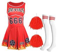 Ladies Halloween Devil Cheerleader - Small - Red Cheerleader Dress, Red Pompoms and White & Red Sport Socks - Adults Cheer Captain Halloween Trick or Treat Fancy Dress Costume